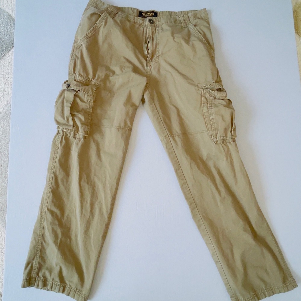 Hollywood Mens Cargo Pants 32x32 Khaki Tan 100% Cotton Multi-Pocket Rugged
